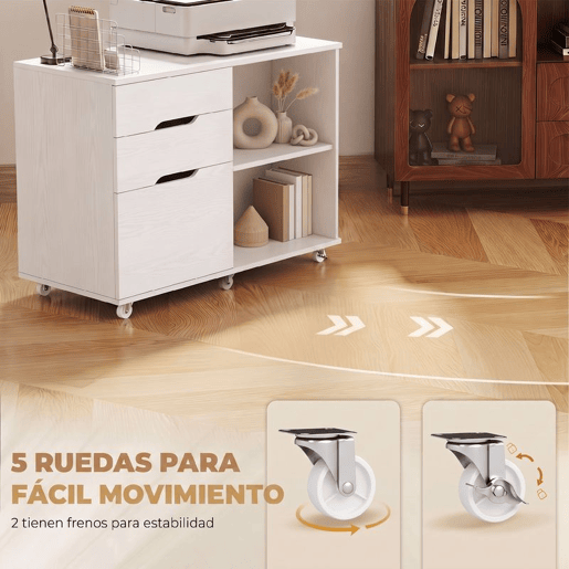 HOMCOM Móvel para Impressora com Rodas, 3 Gavetas, Barra Ajustável, 2 Prateleiras Abertas e Puxadores, para Documentos A4 e Letter, Arquivo Móvel para Escritório em Casa, Branco HOMCOM Móvel para Impressora com Rodas, 3 Gavetas, Barra Ajustável, 2 Prateleiras Abertas e Puxadores, para Documentos A4 e Letter, Arquivo Móvel para Escritório em Casa, Branco