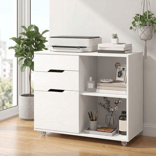 HOMCOM Móvel para Impressora com Rodas, 3 Gavetas, Barra Ajustável, 2 Prateleiras Abertas e Puxadores, para Documentos A4 e Letter, Arquivo Móvel para Escritório em Casa, Branco HOMCOM Móvel para Impressora com Rodas, 3 Gavetas, Barra Ajustável, 2 Prateleiras Abertas e Puxadores, para Documentos A4 e Letter, Arquivo Móvel para Escritório em Casa, Branco