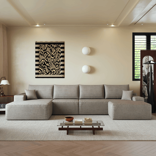 Sofá modular de canto de 340 cm - 4 lugares, chaise longue em L, assento profundo - Camel Sofá modular de canto de 340 cm - 4 lugares, chaise longue em L, assento profundo - Camel