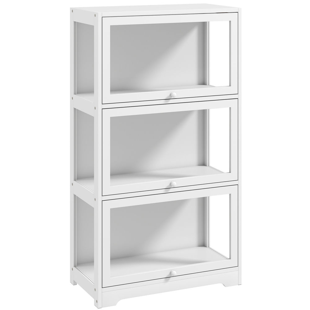 Homcom vitrina expositora para colecciones de 3 niveles, vitrina con puertas abatibles de acrílico, anti-vuelco, armario auxiliar para perfumes, figuras de decoración, 59x30x106 cm, blanco