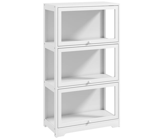 Homcom vitrina expositora para colecciones de 3 niveles, vitrina con puertas abatibles de acrílico, anti-vuelco, armario auxiliar para perfumes, figuras de decoración, 59x30x106 cm, blanco