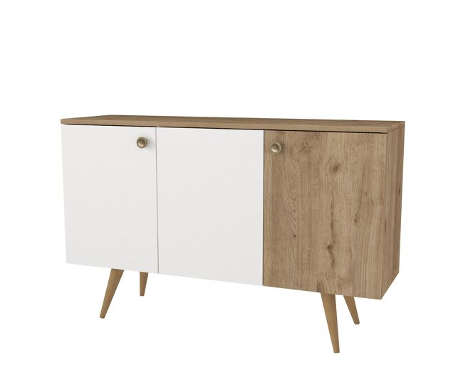 Mueble recibidor de 120 cm con 3 puertas, acabado bicolor blanco y madera, mueble de entrada y pasillo con almacenaje cerrado