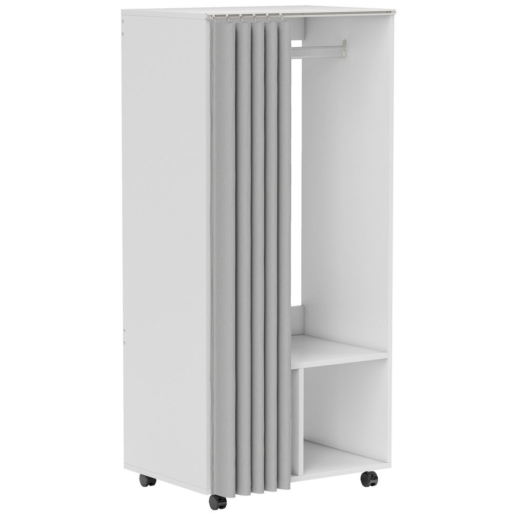 Homcom armario ropero con ruedas, armario para ropa con cortina, barra para colgar, 2 compartimentos, organizador de ropa para dormitorio, 60x40x128 cm, blanco