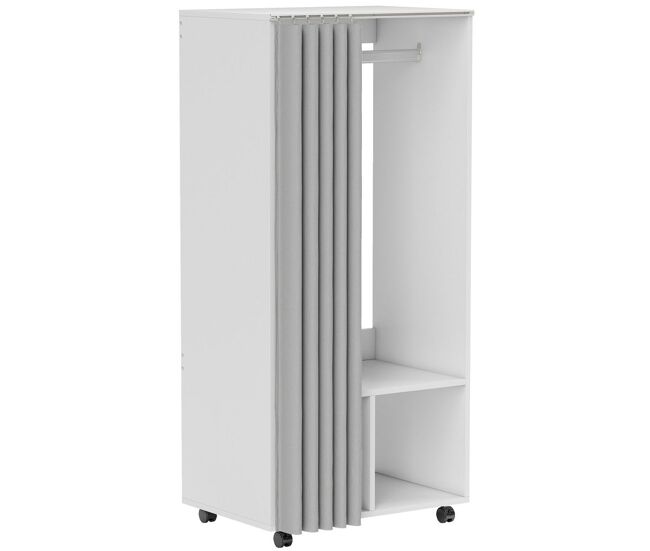 Homcom armario ropero con ruedas, armario para ropa con cortina, barra para colgar, 2 compartimentos, organizador de ropa para dormitorio, 60x40x128 cm, blanco
