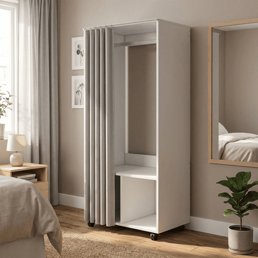 HOMCOM Roupeiro com Rodas, Cortina, Barra de Pendurar e 2 Compartimentos, Organizador de Roupa para Quarto, 60x40x128 cm, Branco HOMCOM Roupeiro com Rodas, Cortina, Barra de Pendurar e 2 Compartimentos, Organizador de Roupa para Quarto, 60x40x128 cm, Branco