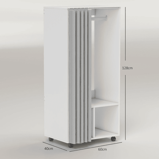 HOMCOM Roupeiro com Rodas, Cortina, Barra de Pendurar e 2 Compartimentos, Organizador de Roupa para Quarto, 60x40x128 cm, Branco HOMCOM Roupeiro com Rodas, Cortina, Barra de Pendurar e 2 Compartimentos, Organizador de Roupa para Quarto, 60x40x128 cm, Branco