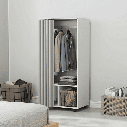 HOMCOM Roupeiro com Rodas, Cortina, Barra de Pendurar e 2 Compartimentos, Organizador de Roupa para Quarto, 60x40x128 cm, Branco HOMCOM Roupeiro com Rodas, Cortina, Barra de Pendurar e 2 Compartimentos, Organizador de Roupa para Quarto, 60x40x128 cm, Branco