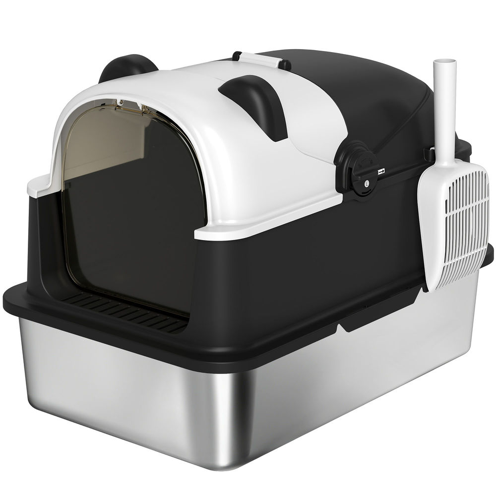 Pawhut arenero para gatos cubierto xl de acero inoxidable, caja de arena para gatos grandes con tapa abatible, pala, bolsa desodorante, diseño de panda, fácil de limpiar, antifugas, sin olor, negro