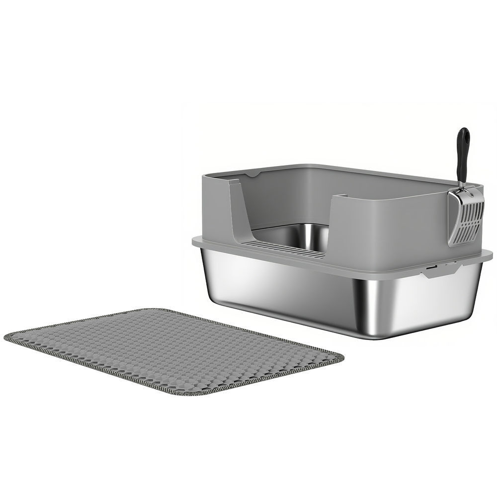 Pawhut arenero para gatos de acero inoxidable xl caja de arena para gatos arenero con borde alto alfombrilla pala fácil de limpiar prueba de fugas 60x40x29,5 cm gris