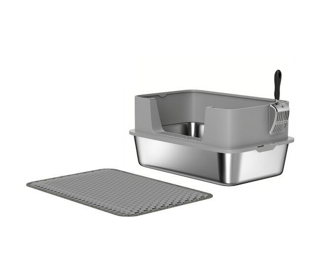 Pawhut arenero para gatos de acero inoxidable xl caja de arena para gatos arenero con borde alto alfombrilla pala fácil de limpiar prueba de fugas 60x40x29,5 cm gris