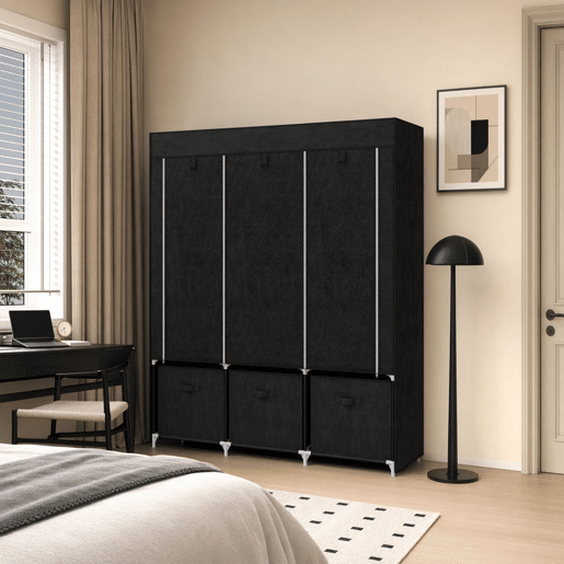 HOMCOM Roupeiro de Tecido com 2 Varões, 5 Prateleiras, 3 Gavetas, Fecho de Correr e Estrutura de Aço para Quarto e Espaços Pequenos 125x43x162,5 cm Preto HOMCOM Roupeiro de Tecido com 2 Varões, 5 Prateleiras, 3 Gavetas, Fecho de Correr e Estrutura de Aço para Quarto e Espaços Pequenos 125x43x162,5 cm Preto