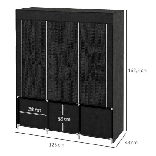 HOMCOM Roupeiro de Tecido com 2 Varões, 5 Prateleiras, 3 Gavetas, Fecho de Correr e Estrutura de Aço para Quarto e Espaços Pequenos 125x43x162,5 cm Preto HOMCOM Roupeiro de Tecido com 2 Varões, 5 Prateleiras, 3 Gavetas, Fecho de Correr e Estrutura de Aço para Quarto e Espaços Pequenos 125x43x162,5 cm Preto