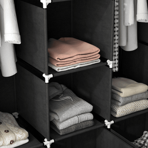 HOMCOM Roupeiro de Tecido com 2 Varões, 5 Prateleiras, 3 Gavetas, Fecho de Correr e Estrutura de Aço para Quarto e Espaços Pequenos 125x43x162,5 cm Preto HOMCOM Roupeiro de Tecido com 2 Varões, 5 Prateleiras, 3 Gavetas, Fecho de Correr e Estrutura de Aço para Quarto e Espaços Pequenos 125x43x162,5 cm Preto