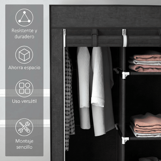 HOMCOM Roupeiro de Tecido com 2 Varões, 5 Prateleiras, 3 Gavetas, Fecho de Correr e Estrutura de Aço para Quarto e Espaços Pequenos 125x43x162,5 cm Preto HOMCOM Roupeiro de Tecido com 2 Varões, 5 Prateleiras, 3 Gavetas, Fecho de Correr e Estrutura de Aço para Quarto e Espaços Pequenos 125x43x162,5 cm Preto