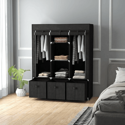 HOMCOM Roupeiro de Tecido com 2 Varões, 5 Prateleiras, 3 Gavetas, Fecho de Correr e Estrutura de Aço para Quarto e Espaços Pequenos 125x43x162,5 cm Preto HOMCOM Roupeiro de Tecido com 2 Varões, 5 Prateleiras, 3 Gavetas, Fecho de Correr e Estrutura de Aço para Quarto e Espaços Pequenos 125x43x162,5 cm Preto