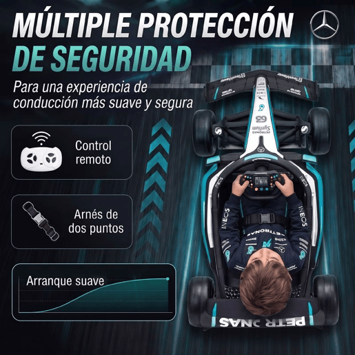 AIYAPLAY Kart Elétrico Infantil Mercedes-AMG PETRONAS F1 12 V com Comando 2,4G, 2 Motores, Suspensão Traseira, Luzes LED, Música, 3-5 Anos, Preto