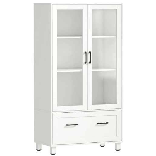 HOMCOM Arquivador Vertical com Portas de Vidro e Gaveta, Armário de Escritório com 3 Prateleiras e Barras Ajustáveis para Pastas A4, Letter e Legal, 75x40x141 cm, Branco