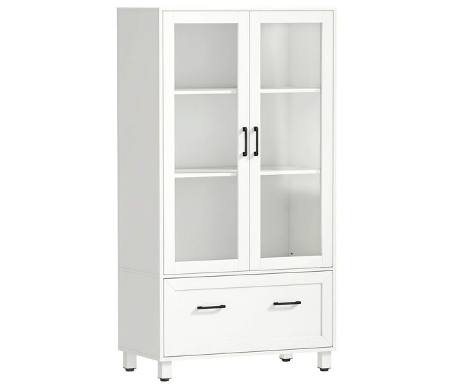 Homcom archivador vertical con puertas de cristal y cajón, armario de oficina con 3 estantes y barras ajustables para archivos tamaño a4, carta y legal, para estudio, salón, 75x40x141 cm, blanco