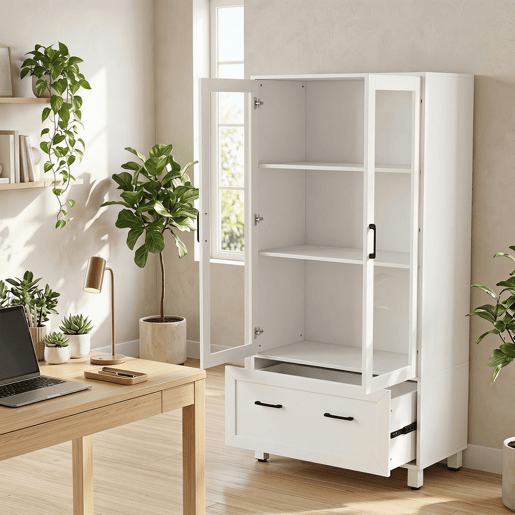 HOMCOM Arquivador Vertical com Portas de Vidro e Gaveta, Armário de Escritório com 3 Prateleiras e Barras Ajustáveis para Pastas A4, Letter e Legal, 75x40x141 cm, Branco