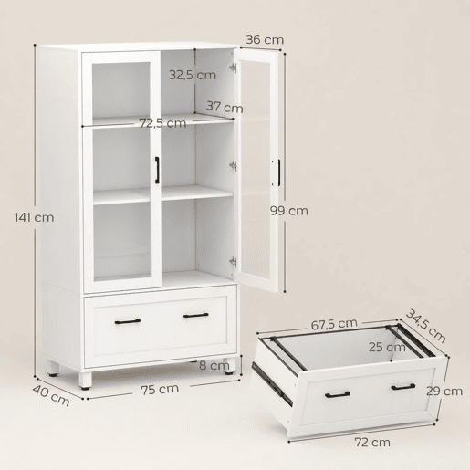 HOMCOM Arquivador Vertical com Portas de Vidro e Gaveta, Armário de Escritório com 3 Prateleiras e Barras Ajustáveis para Pastas A4, Letter e Legal, 75x40x141 cm, Branco