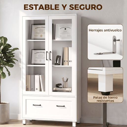 HOMCOM Arquivador Vertical com Portas de Vidro e Gaveta, Armário de Escritório com 3 Prateleiras e Barras Ajustáveis para Pastas A4, Letter e Legal, 75x40x141 cm, Branco