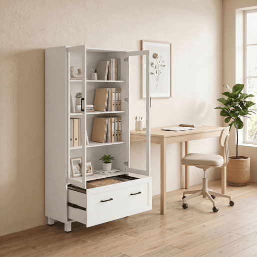 HOMCOM Arquivador Vertical com Portas de Vidro e Gaveta, Armário de Escritório com 3 Prateleiras e Barras Ajustáveis para Pastas A4, Letter e Legal, 75x40x141 cm, Branco