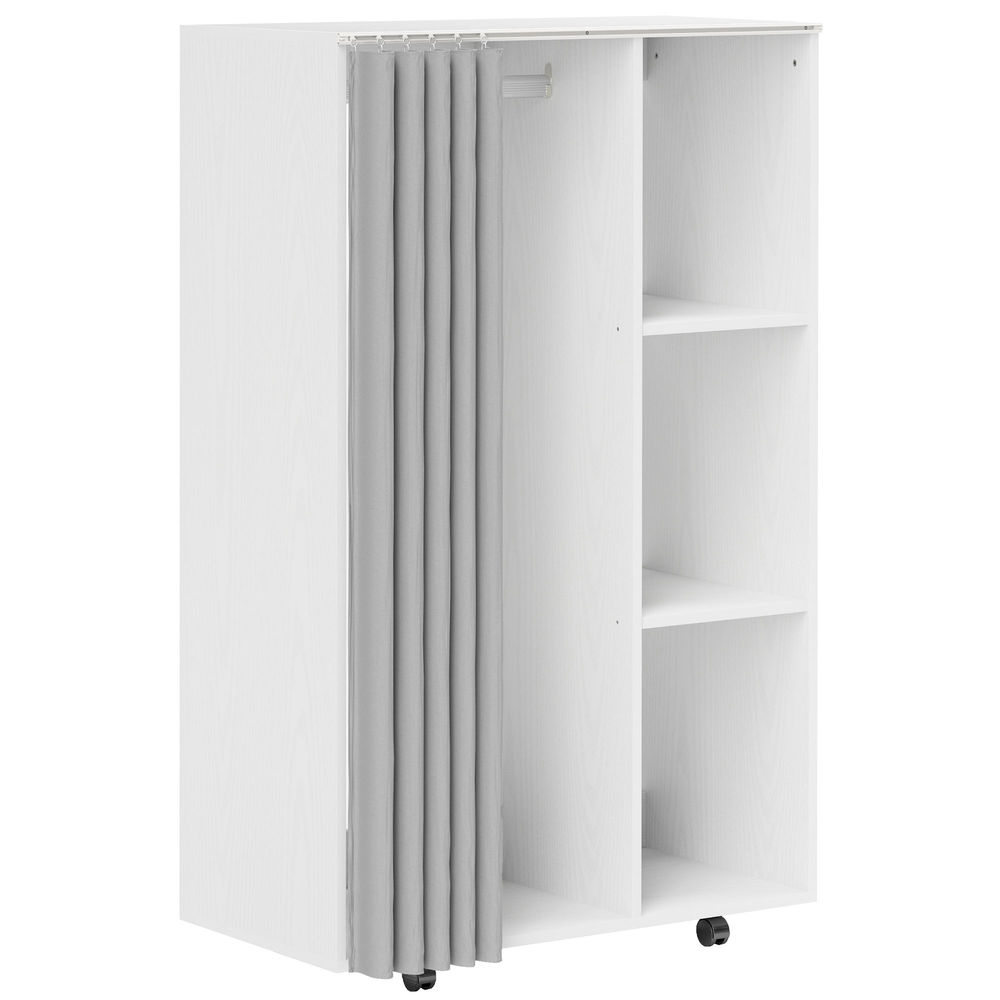 Homcom armario ropero con ruedas, armario para ropa con cortina, barra para colgar, 3 estantes abiertos, para dormitorio, 80x40x128 cm, blanco