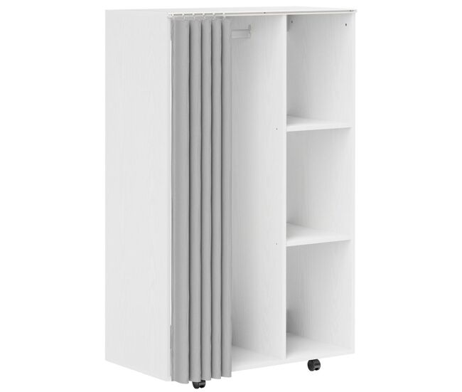 Homcom armario ropero con ruedas, armario para ropa con cortina, barra para colgar, 3 estantes abiertos, para dormitorio, 80x40x128 cm, blanco