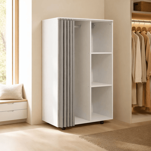 HOMCOM Roupeiro com Rodas e Cortina, Barra para Pendurar Roupa, 3 Prateleiras Abertas, para Quarto, 80x40x128 cm, Branco HOMCOM Roupeiro com Rodas e Cortina, Barra para Pendurar Roupa, 3 Prateleiras Abertas, para Quarto, 80x40x128 cm, Branco