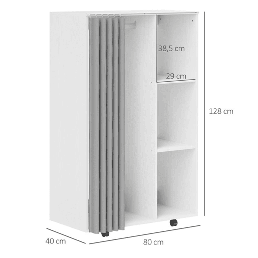 HOMCOM Roupeiro com Rodas e Cortina, Barra para Pendurar Roupa, 3 Prateleiras Abertas, para Quarto, 80x40x128 cm, Branco HOMCOM Roupeiro com Rodas e Cortina, Barra para Pendurar Roupa, 3 Prateleiras Abertas, para Quarto, 80x40x128 cm, Branco