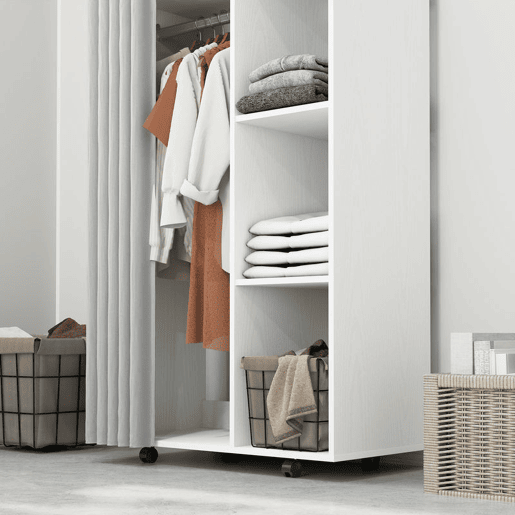 HOMCOM Roupeiro com Rodas e Cortina, Barra para Pendurar Roupa, 3 Prateleiras Abertas, para Quarto, 80x40x128 cm, Branco HOMCOM Roupeiro com Rodas e Cortina, Barra para Pendurar Roupa, 3 Prateleiras Abertas, para Quarto, 80x40x128 cm, Branco