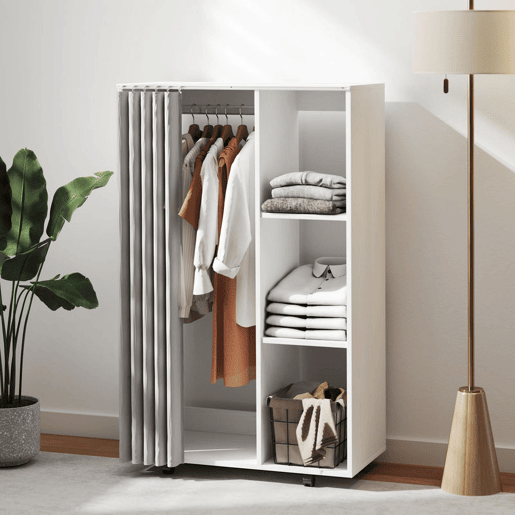 HOMCOM Roupeiro com Rodas e Cortina, Barra para Pendurar Roupa, 3 Prateleiras Abertas, para Quarto, 80x40x128 cm, Branco HOMCOM Roupeiro com Rodas e Cortina, Barra para Pendurar Roupa, 3 Prateleiras Abertas, para Quarto, 80x40x128 cm, Branco