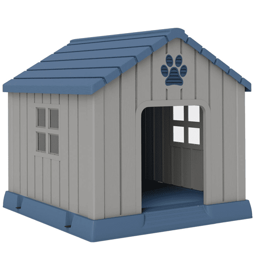 PawHut Casota para Cães de Exterior Impermeável para Cães Médios com 2 Janelas, Base Elevada e Estacas, 85x79x82 cm, Cinzento