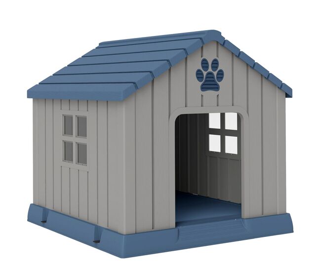 Pawhut caseta para perros exterior, casa para perros medianos de plástico impermeable con 2 ventanas, base elevada, estacas, fácil de montar, para jardín y patio, 85x79x82 cm, gris