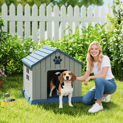 PawHut Casota para Cães de Exterior Impermeável para Cães Médios com 2 Janelas, Base Elevada e Estacas, 85x79x82 cm, Cinzento