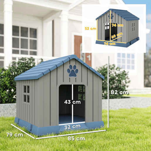PawHut Casota para Cães de Exterior Impermeável para Cães Médios com 2 Janelas, Base Elevada e Estacas, 85x79x82 cm, Cinzento
