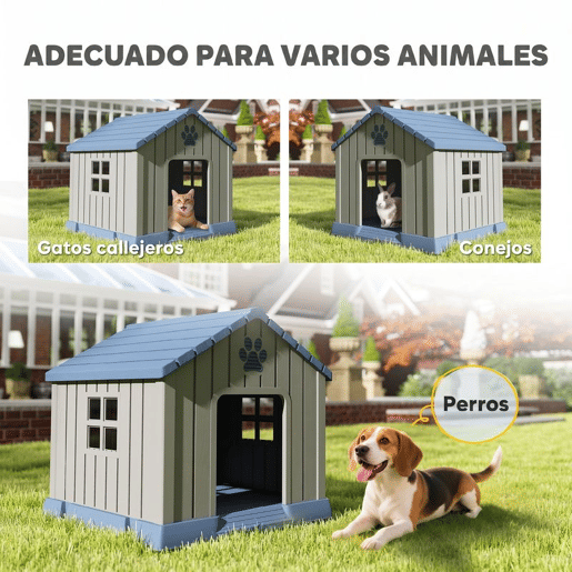 PawHut Casota para Cães de Exterior Impermeável para Cães Médios com 2 Janelas, Base Elevada e Estacas, 85x79x82 cm, Cinzento