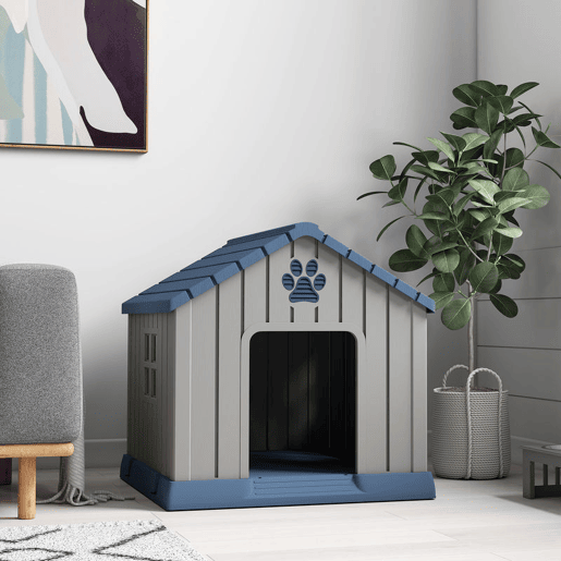 PawHut Casota para Cães de Exterior Impermeável para Cães Médios com 2 Janelas, Base Elevada e Estacas, 85x79x82 cm, Cinzento