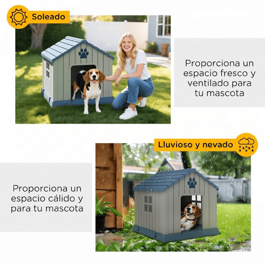 PawHut Casota para Cães de Exterior Impermeável para Cães Médios com 2 Janelas, Base Elevada e Estacas, 85x79x82 cm, Cinzento