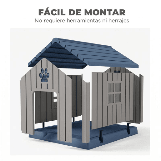 PawHut Casota para Cães de Exterior Impermeável para Cães Médios com 2 Janelas, Base Elevada e Estacas, 85x79x82 cm, Cinzento