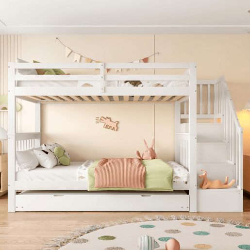 Beliche 90 × 200 cm - escada com prateleiras, cama extraível, grades altas, certificação EN 747-1 - Branco