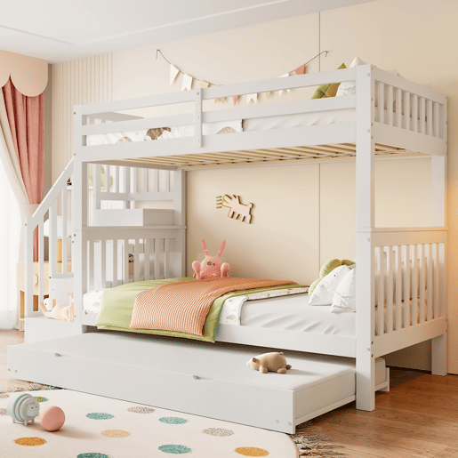 Beliche 90 × 200 cm - escada com prateleiras, cama extraível, grades altas, certificação EN 747-1 - Branco