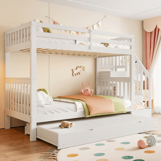 Beliche 90 × 200 cm - escada com prateleiras, cama extraível, grades altas, certificação EN 747-1 - Branco