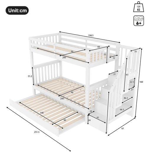 Beliche 90 × 200 cm - escada com prateleiras, cama extraível, grades altas, certificação EN 747-1 - Branco
