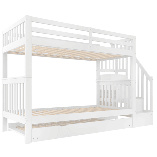 Beliche 90 × 200 cm - escada com prateleiras, cama extraível, grades altas, certificação EN 747-1 - Branco