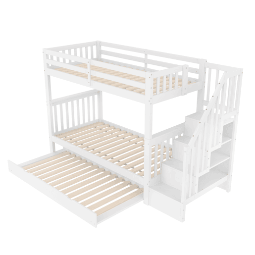 Beliche 90 × 200 cm - escada com prateleiras, cama extraível, grades altas, certificação EN 747-1 - Branco