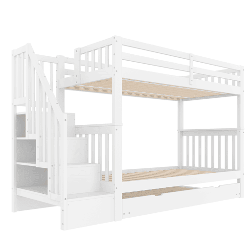 Beliche 90 × 200 cm - escada com prateleiras, cama extraível, grades altas, certificação EN 747-1 - Branco