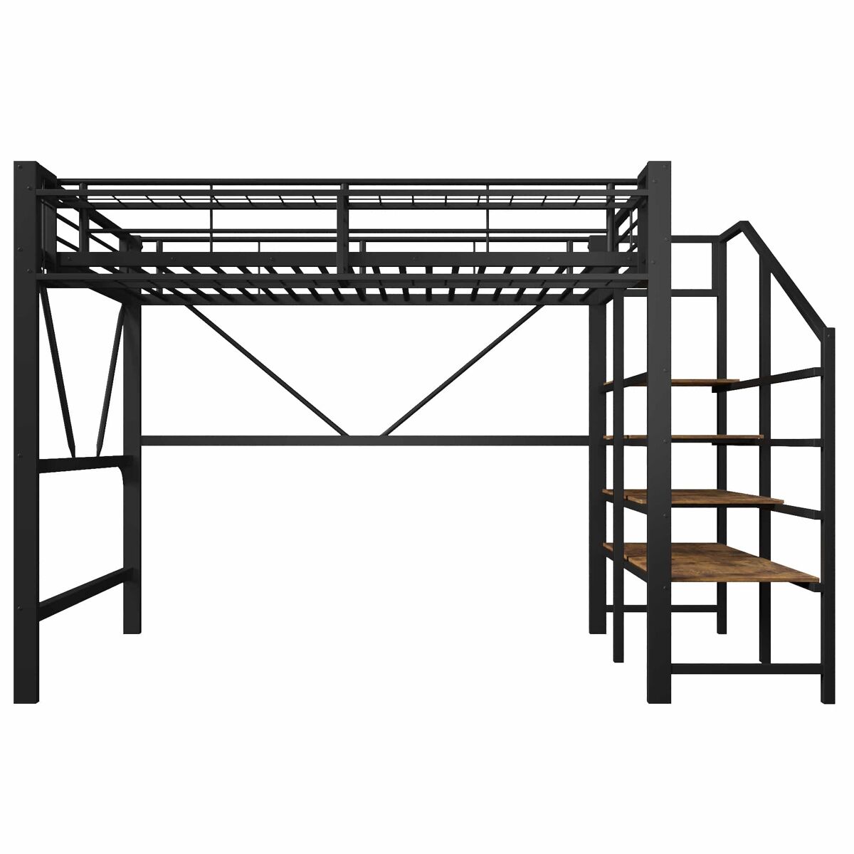 Cama alta 140 x 200 cm - estantes, cesta, almacenaje abierto y led, sin colchón - negro