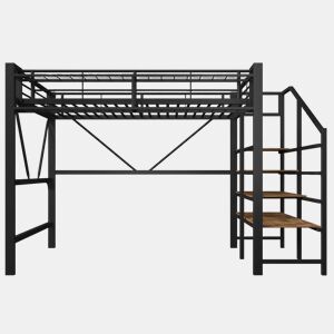 Cama alta 140 x 200 cm u2013 prateleiras, cesto, arrumação aberta e LED, sem colchão u2013 preta