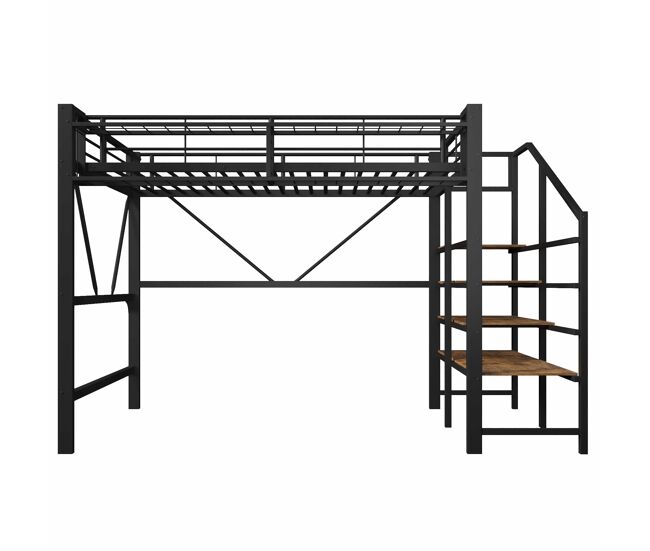 Cama alta 140 x 200 cm - estantes, cesta, almacenaje abierto y led, sin colchón - negro